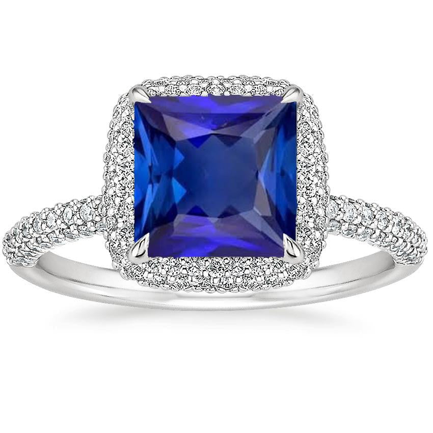 Bague Halo Or Blanc 6.50 Carats Saphir Bleu Princesse Avec Accents - HarryChadEnt.FR
