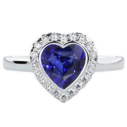 Bague Halo Or Blanc Coeur Saphir Bleu Foncé Bijoux 4 Carats