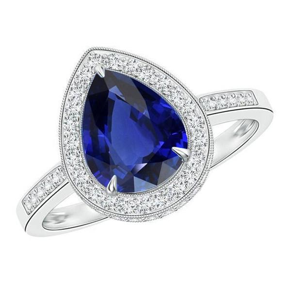 Bague Halo Or Blanc Poire Pavée Diamant Saphir Bleu 2.50 Carats - HarryChadEnt.FR