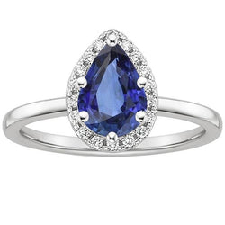 Bague Halo Or Blanc Poire Saphir Bleu & Diamants 4 Carats