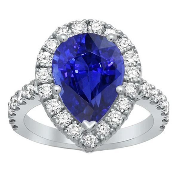 Bague Halo Or Blanc Poire Saphir Sri Lanka & Diamants 6 Carats - HarryChadEnt.FR