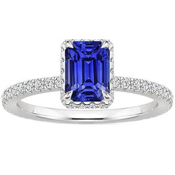 Bague Halo Or Blanc Saphir Bleu Émeraude & Diamant 4.25 Carats