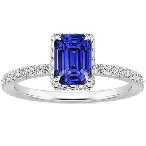 Bague Halo Or Blanc Saphir Bleu Émeraude & Diamant 4.25 Carats - HarryChadEnt.FR