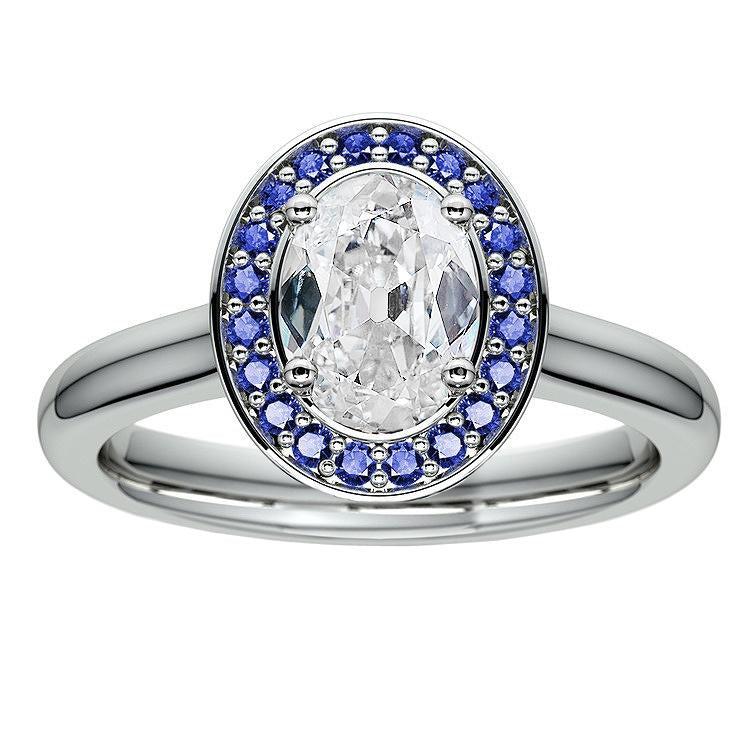Bague Halo Or Diamant Ovale Taille Ancienne Avec Saphirs Ronds 5.75 Carats - HarryChadEnt.FR