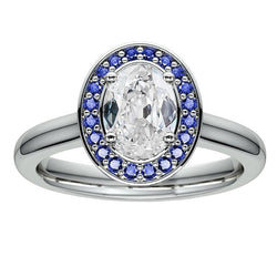 Bague Halo Or Diamant Ovale Taille Ancienne Avec Saphirs Ronds 5.75 Carats