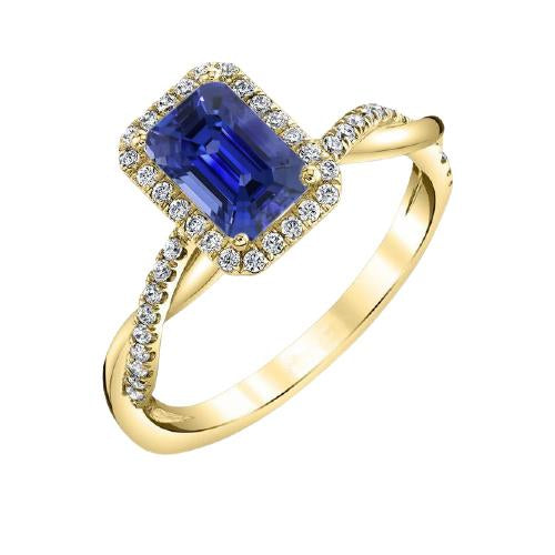 Bague Halo Or Jaune Forme Emeraude Saphir Sri Lankais 3 Carats - HarryChadEnt.FR
