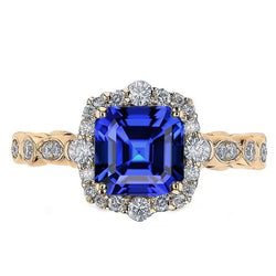 Bague Halo Or Jaune Style Fleur Asscher Saphir Bleu 4.50 Carats