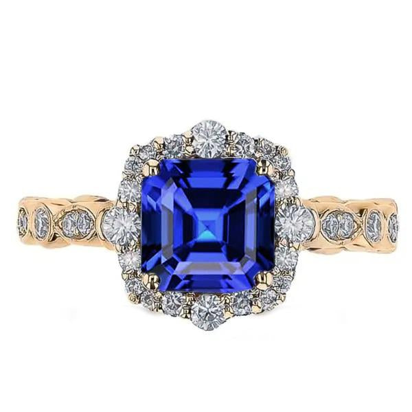 Bague Halo Or Jaune Style Fleur Asscher Saphir Bleu 4.50 Carats - HarryChadEnt.FR