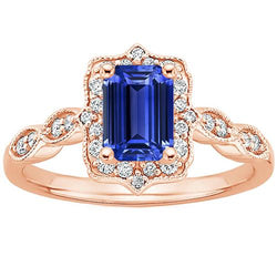 Bague Halo Or Rose 14K Saphir Bleu Émeraude & Diamant 4 Carats