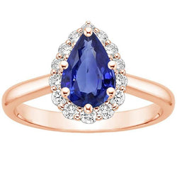 Bague Halo Or Rose Forme Poire Saphir Bleu & Diamants 3.75 Carats