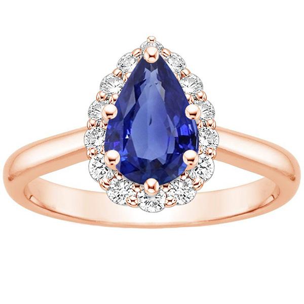 Bague Halo Or Rose Forme Poire Saphir Bleu & Diamants 3.75 Carats - HarryChadEnt.FR