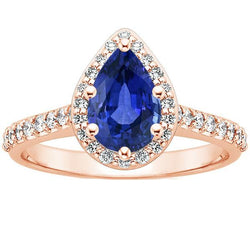 Bague Halo Or Rose Poire Saphir Bleu & Diamants 3.50 Carats