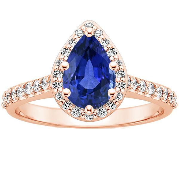 Bague Halo Or Rose Poire Saphir Bleu & Diamants 3.50 Carats - HarryChadEnt.FR