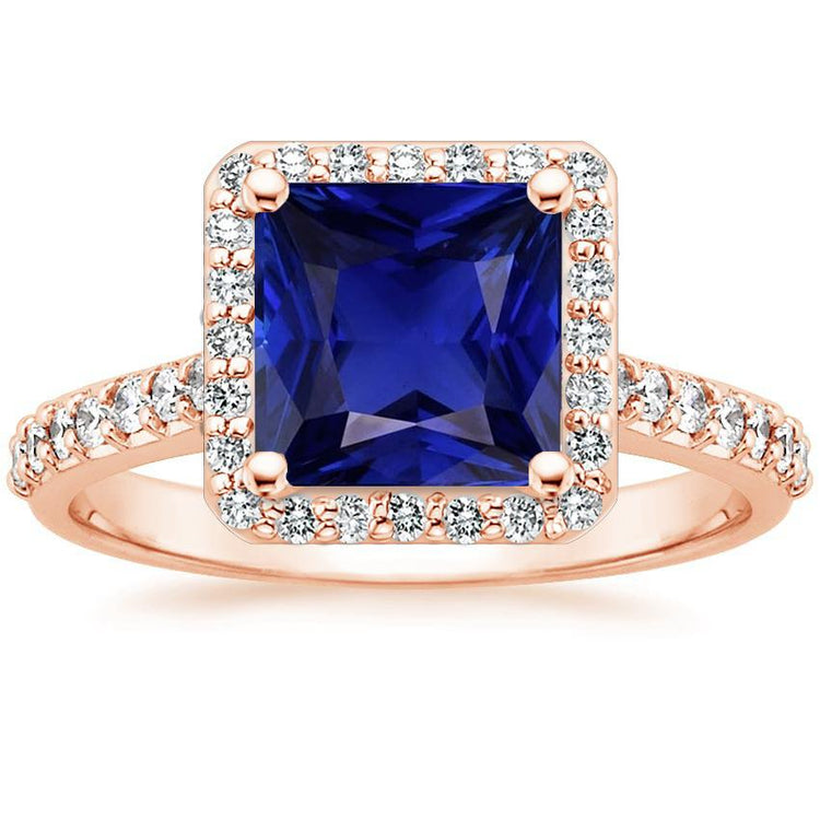 Bague Halo Or Rose Princesse Saphir Bleu Avec Accents 6.25 Carats - HarryChadEnt.FR