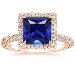 Bague Halo Or Rose Princesse Saphir Sri Lankais et Diamant 6 Carats