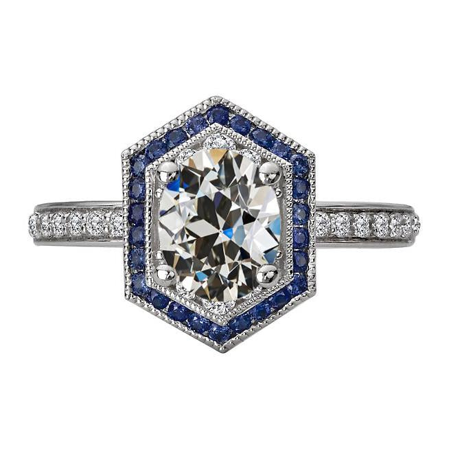 Bague Halo Oval Vieux mineur Diamants & Saphirs Bleus Ronds 7 Carats - HarryChadEnt.FR