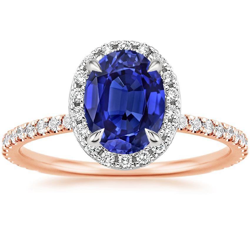 Bague Halo Pierres Précieuses Ovale SriLanka Saphir 5 Carats Deux Tons Or 14K - HarryChadEnt.FR