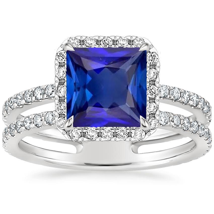 Bague Halo Princess Blue Sapphire avec des accents de diamants pavés 6,50 carats - HarryChadEnt.FR