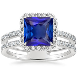 Bague Halo Princess Blue Sapphire avec des accents de diamants pavés 6,50 carats