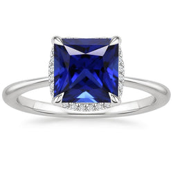 Bague Halo Princesse Sri Lanka Saphir et Diamant 5.25 Carat