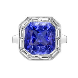 Bague Halo Radiant Blue Saphir & Diamants Baguette 3.50 Carats