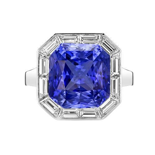 Bague Halo Radiant Blue Saphir & Diamants Baguette 3.50 Carats - HarryChadEnt.FR
