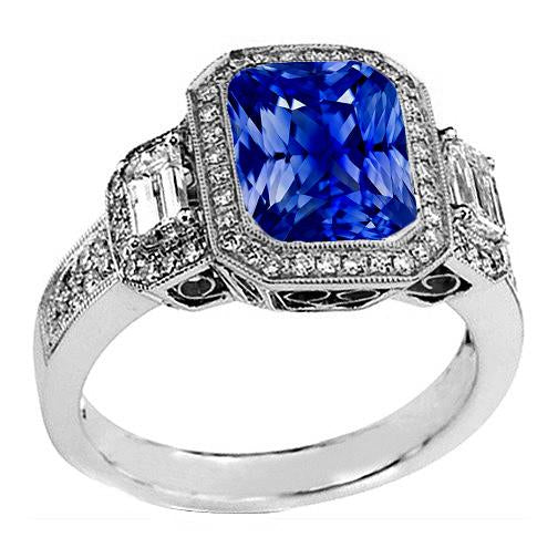 Bague Halo Radiant Saphir Tige Millgrain Diamants Baguette 4 Carats - HarryChadEnt.FR