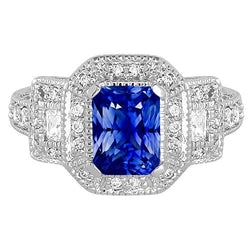 Bague Halo Radiant Style Antique Saphir Bleu & Diamants 3 Carats