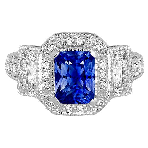 Bague Halo Radiant Style Antique Saphir Bleu & Diamants 3 Carats - HarryChadEnt.FR