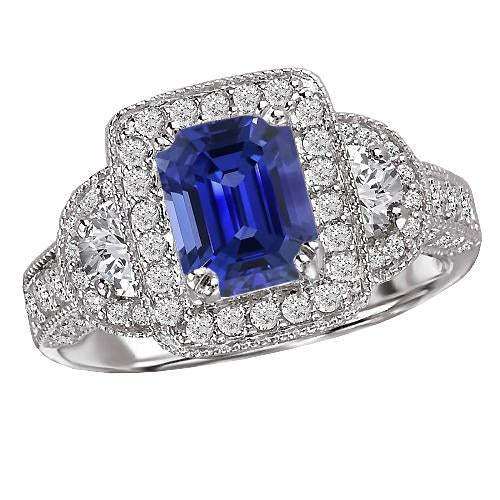 Bague Halo Ronde & Demi Lune Diamant Bleu Saphir Taille Émeraude 4 Carats - HarryChadEnt.FR
