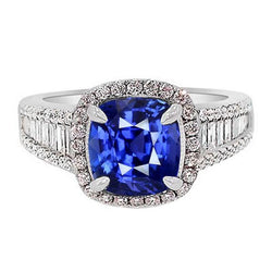 Bague Halo Saphir Bleu Avec Baguette & Diamants Ronds 4.5 Carats