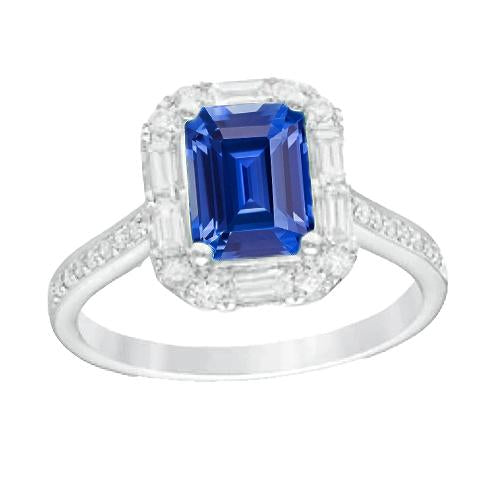 Bague Halo Saphir Bleu Baguette & Diamant Rond Bijoux 3 Carats - HarryChadEnt.FR