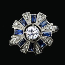 Bague Halo Saphir Bleu Baguette Diamant Rond Vieux mineur 3.75 Carats