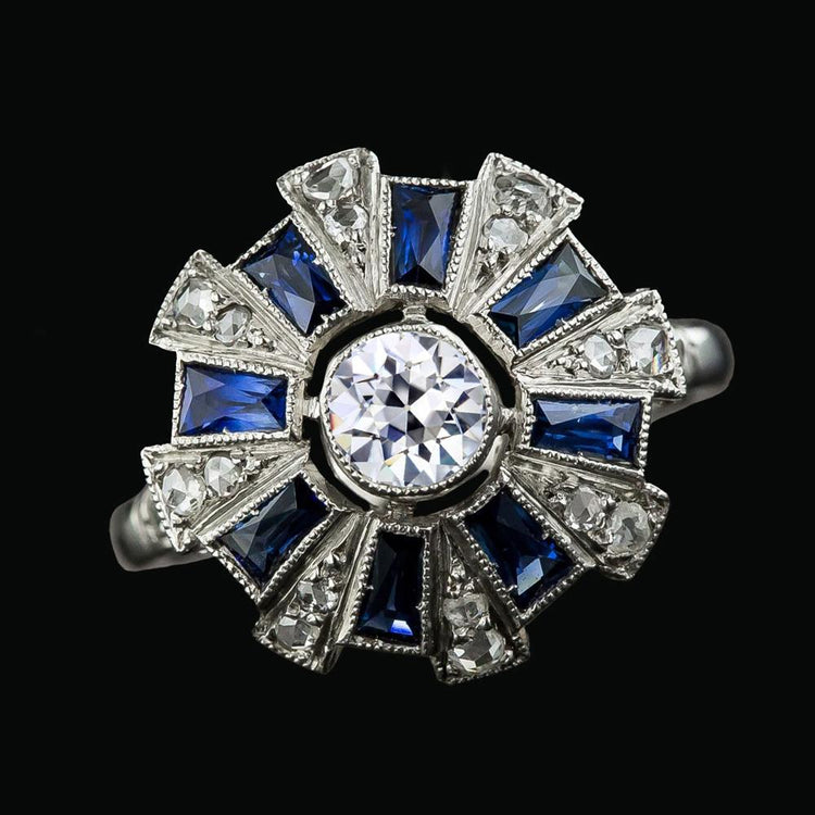 Bague Halo Saphir Bleu Baguette Diamant Rond Vieux mineur 3.75 Carats - HarryChadEnt.FR