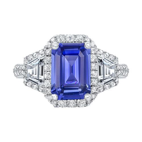 Bague Halo Saphir Bleu Émeraude 4.50 Carats Trapèze & Diamants Ronds - HarryChadEnt.FR