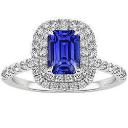 Bague Halo Saphir Bleu Émeraude & Diamant 5 Carats Or Blanc 14K