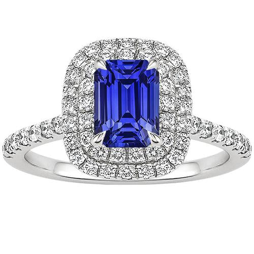 Bague Halo Saphir Bleu Émeraude & Diamant 5 Carats Or Blanc 14K - HarryChadEnt.FR