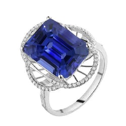 Bague Halo Saphir Bleu Émeraude & Diamants Ronds 4 Carats