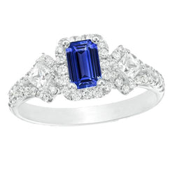 Bague Halo Saphir Bleu Émeraude Princesse & Diamants Ronds 3.50 Carats