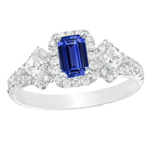 Bague Halo Saphir Bleu Émeraude Princesse & Diamants Ronds 3.50 Carats - HarryChadEnt.FR