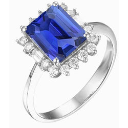 Bague Halo Saphir Bleu Émeraude Rond & Diamants Baguette 3.50 Carats