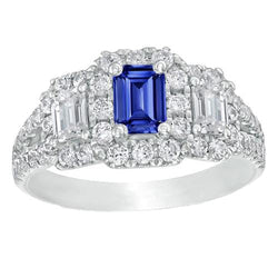 Bague Halo Saphir Bleu Émeraude Taille Radiant & Diamants Ronds 4 Carats