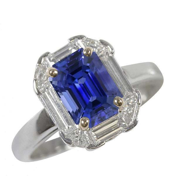 Bague Halo Saphir Bleu Émeraude Trillion & Diamants Baguette 3 Carats - HarryChadEnt.FR