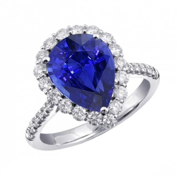 Bague Halo Saphir Bleu En Forme De Poire & Diamant Rond 5 Carats - HarryChadEnt.FR