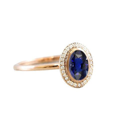 Bague Halo Saphir Bleu Ovale & Diamants Or 3 Carats