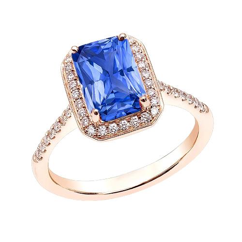 Bague Halo Saphir Bleu Radiant & Diamants Or Rose 3.50 Carats - HarryChadEnt.FR