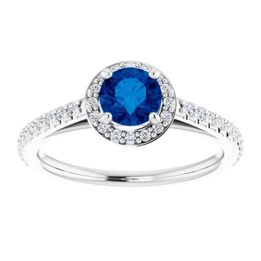 Bague Halo Saphir Bleu Rond 2.50 Carats Or Blanc 14K - HarryChadEnt.FR