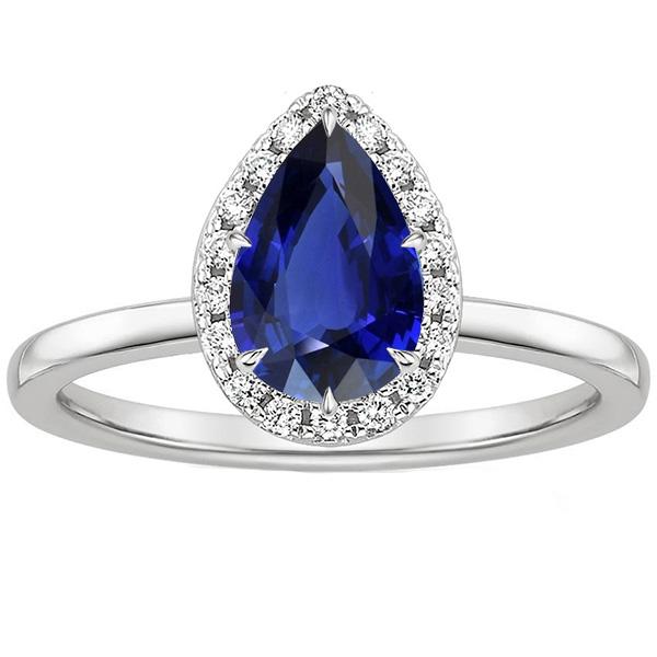 Bague Halo Saphir Bleu Sertie Griffe Poire & Diamants 4.50 Carats - HarryChadEnt.FR