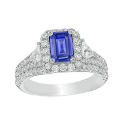 Bague Halo Saphir Bleu Style 3 Pierres Emeraude & Diamants 3.50 Carats