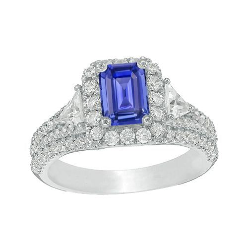 Bague Halo Saphir Bleu Style 3 Pierres Emeraude & Diamants 3.50 Carats - HarryChadEnt.FR
